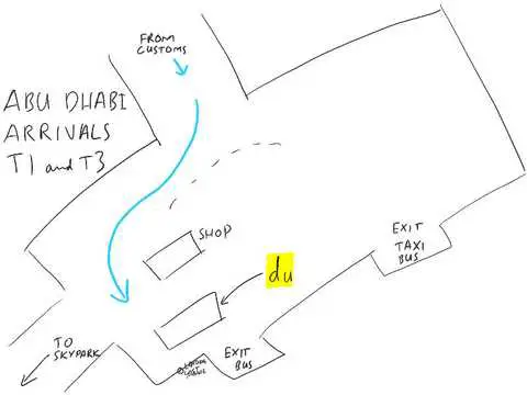 Abu Dhabi airport arrivals map, the SIM card shop is in the Terminal 1 and Terminal 3 arrivals area. Sketched by Chris