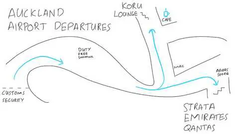I sketched a map showing where the lounges are at the Auckland airport international terminal.