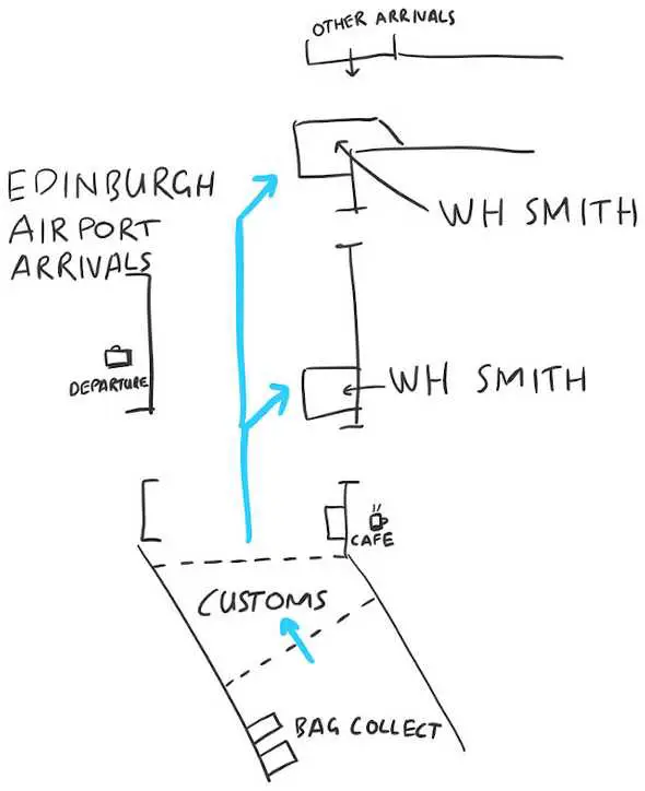 Map to Edinburgh Airport arrivals showing SIM card shops