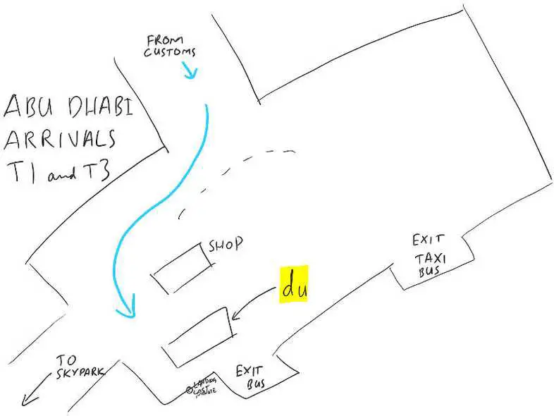 Abu Dhabi airport arrivals map, the SIM card shop is in the Terminal 1 and Terminal 3 arrivals area. Sketched by Chris