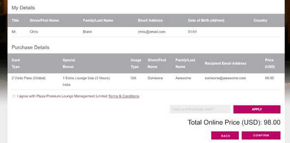 Screenshot of the Plaza Premium gift card booking process